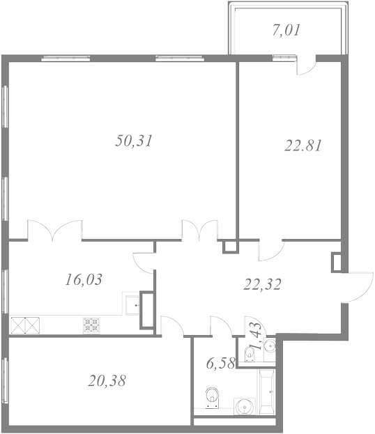 План квартиры №26 с 3 спальнями на 7 этаже 1 корпуса ЖК NEVA HAUS