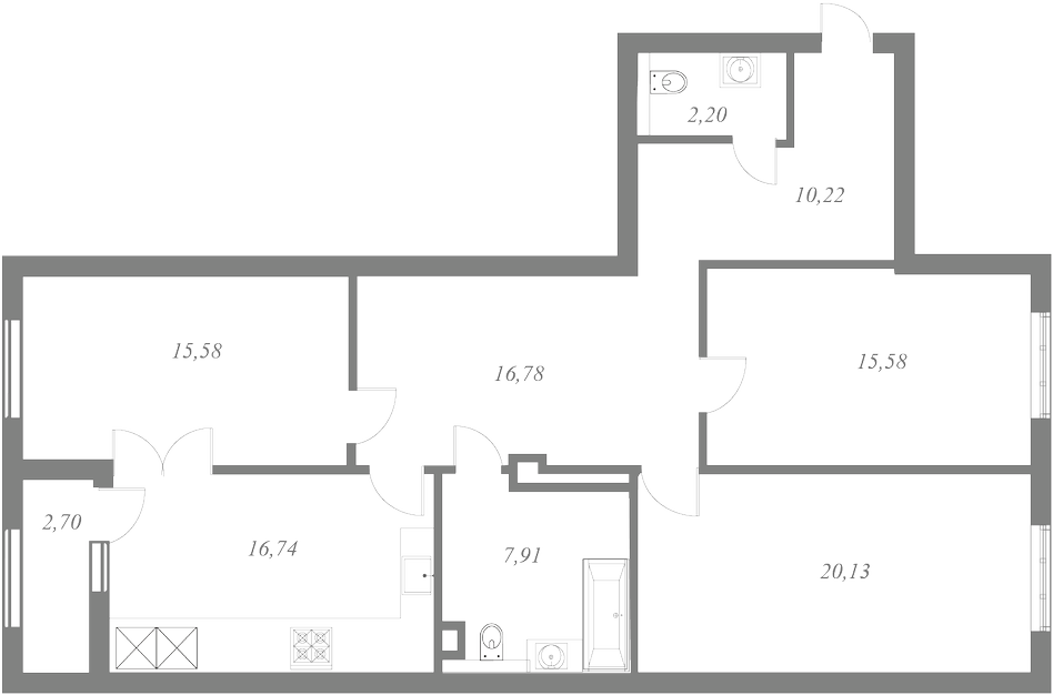 План квартиры №156 с 3 спальнями на 7 этаже 1 корпуса ЖК NEVA HAUS