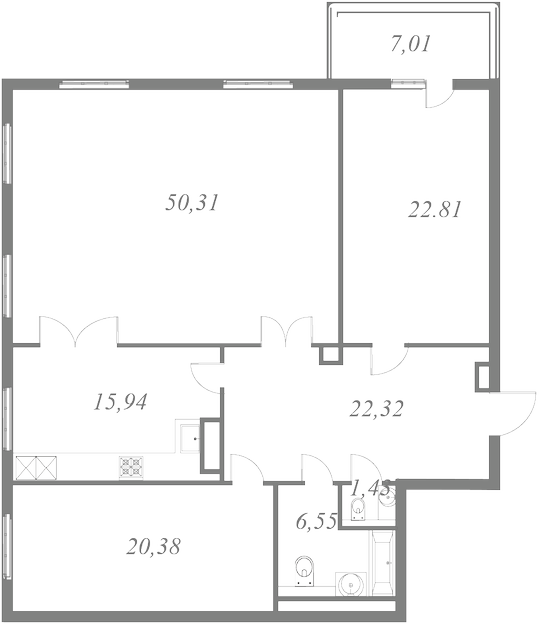 План квартиры №159 с 3 спальнями на 8 этаже 1 корпуса ЖК NEVA HAUS