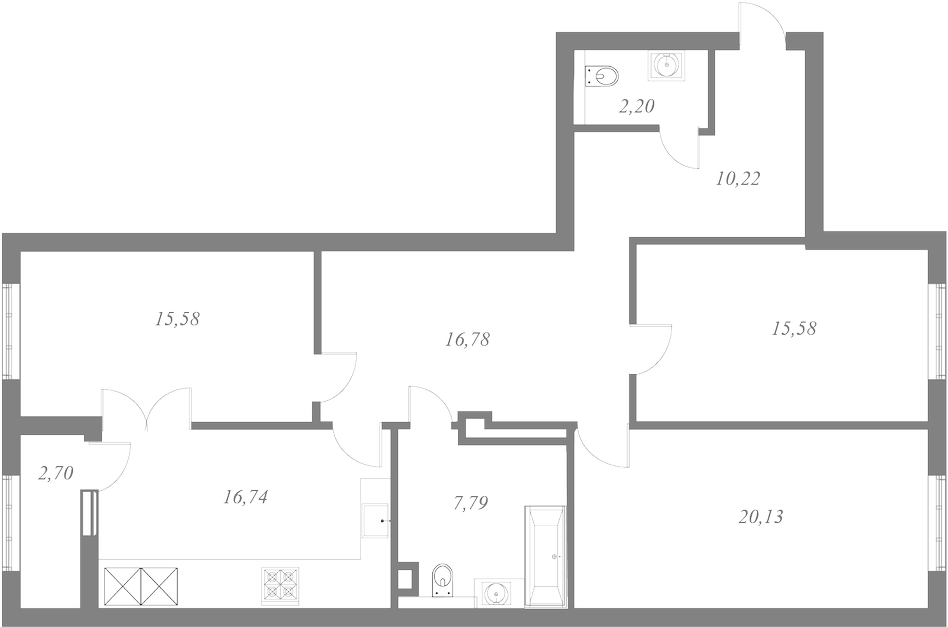 План квартиры №160 с 3 спальнями на 8 этаже 1 корпуса ЖК NEVA HAUS