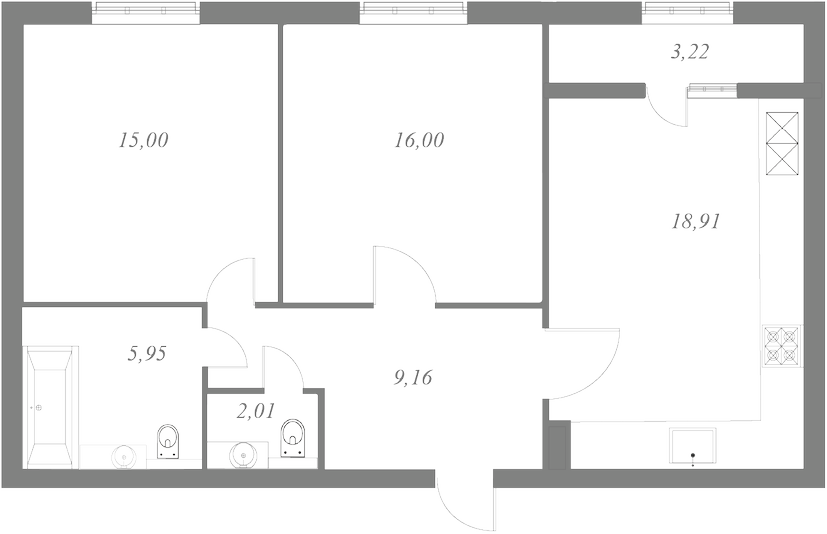 План квартиры №162 с 2 спальнями на 9 этаже 1 корпуса ЖК NEVA HAUS