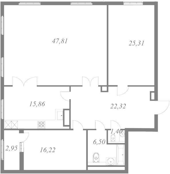 План квартиры №163 с 3 спальнями на 9 этаже 1 корпуса ЖК NEVA HAUS