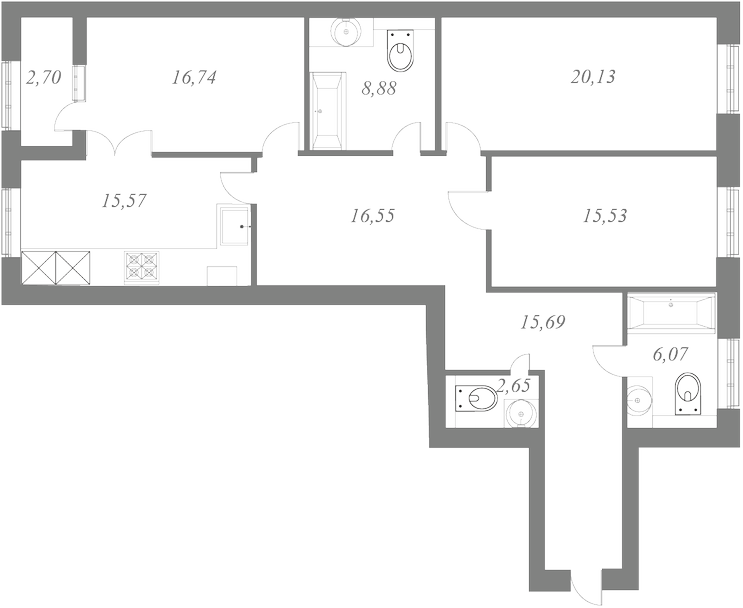 План квартиры №19 с 3 спальнями на 6 этаже 1 корпуса ЖК NEVA HAUS