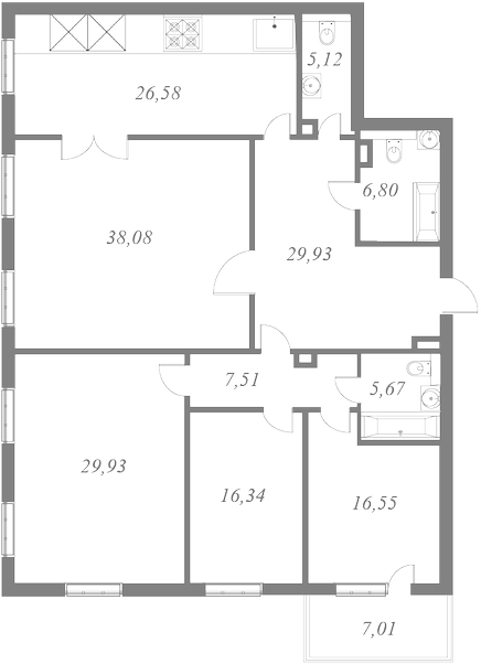 План квартиры №20 с 4 спальнями на 6 этаже 1 корпуса ЖК NEVA HAUS