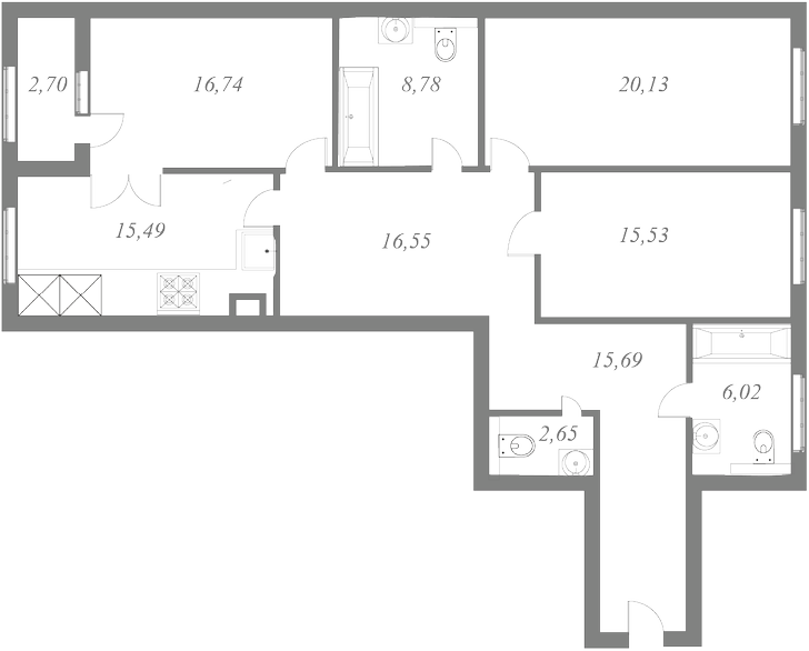 План квартиры №23 с 3 спальнями на 7 этаже 1 корпуса ЖК NEVA HAUS