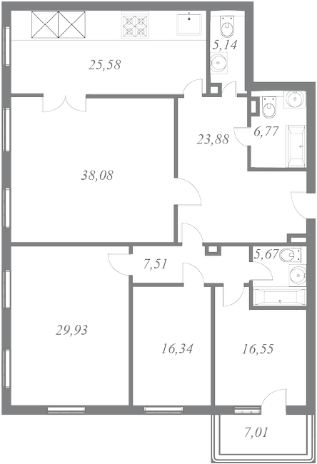 План квартиры №25 с 4 спальнями на 7 этаже 1 корпуса ЖК NEVA HAUS