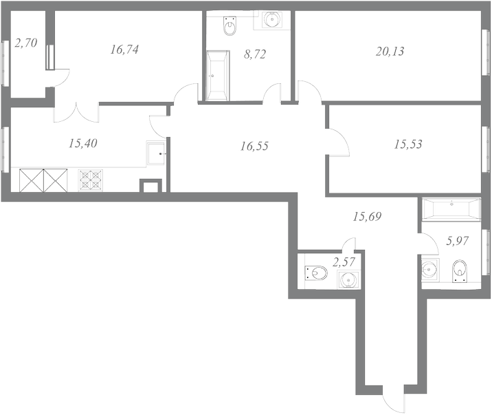 План квартиры №161 с 3 спальнями на 8 этаже 1 корпуса ЖК NEVA HAUS