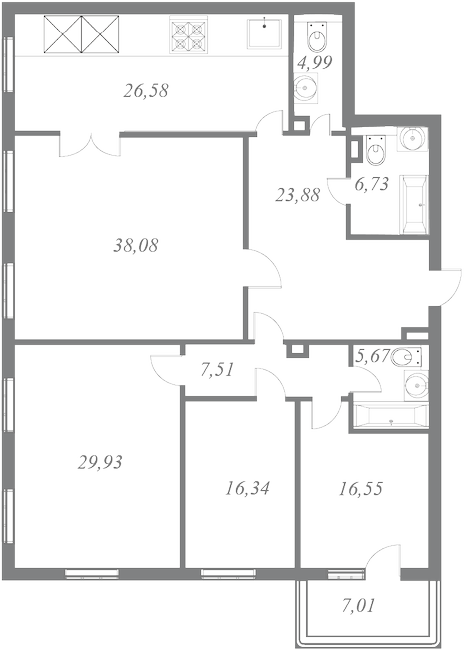 План квартиры №28 с 4 спальнями на 8 этаже 1 корпуса ЖК NEVA HAUS