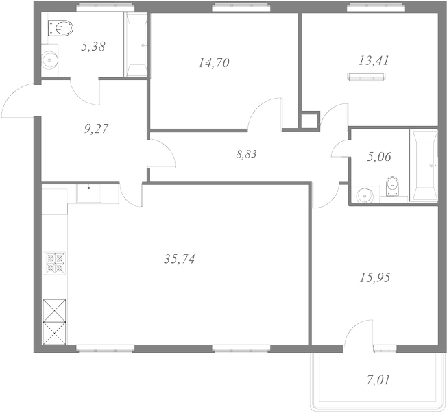 План квартиры №158 с 3 спальнями на 8 этаже 1 корпуса ЖК NEVA HAUS