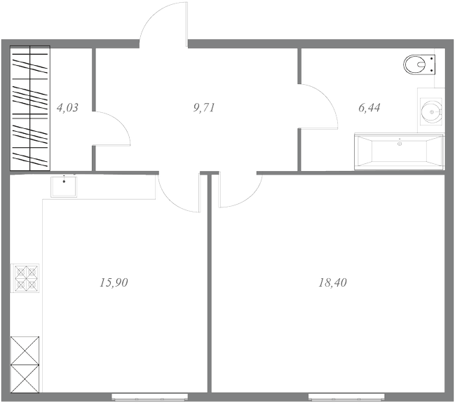 План квартиры №36 с 1 спальней на 1 этаже 1 корпуса ЖК NEVA HAUS