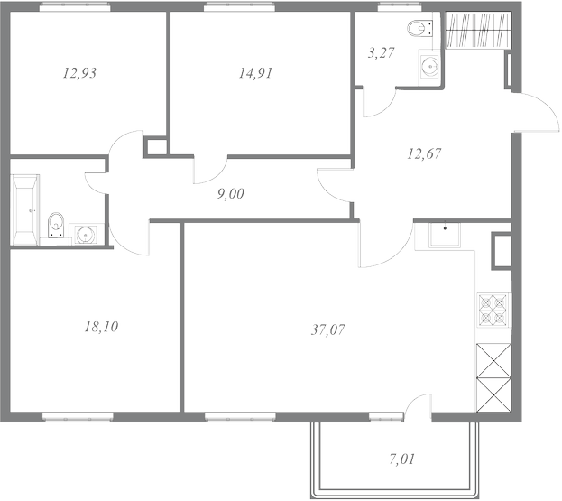 План квартиры №49 с 3 спальнями на 8 этаже 1 корпуса ЖК NEVA HAUS