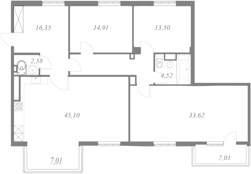 План квартиры №50 с 3 спальнями на 8 этаже 1 корпуса ЖК NEVA HAUS