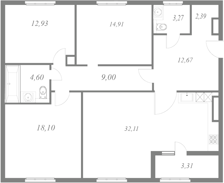 План квартиры №51 с 3 спальнями на 9 этаже 1 корпуса ЖК NEVA HAUS