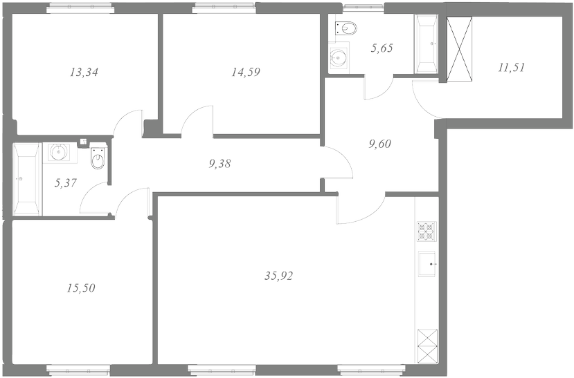 План квартиры №55 с 3 спальнями на 2 этаже 1 корпуса ЖК NEVA HAUS