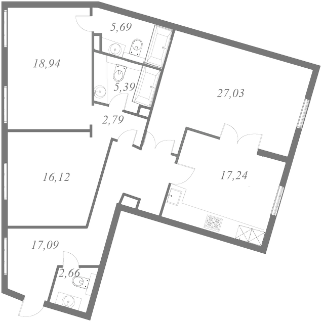 План квартиры №66 с 3 спальнями на 4 этаже 1 корпуса ЖК NEVA HAUS