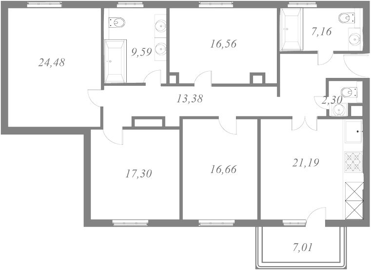 План квартиры №74 с 4 спальнями на 7 этаже 1 корпуса ЖК NEVA HAUS