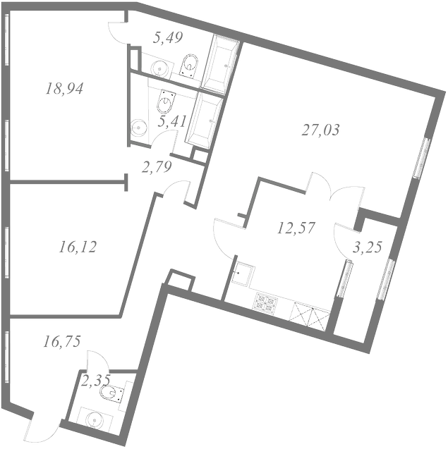 План квартиры №83 с 3 спальнями на 8 этаже 1 корпуса ЖК NEVA HAUS