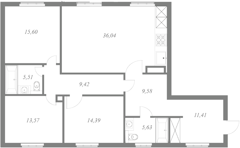 План квартиры №90 с 3 спальнями на 2 этаже 1 корпуса ЖК NEVA HAUS