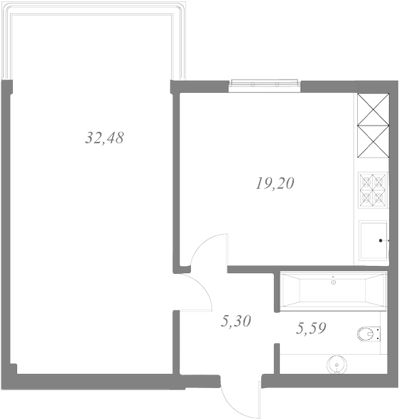 План квартиры №95 с 1 спальней на 4 этаже 1 корпуса ЖК NEVA HAUS