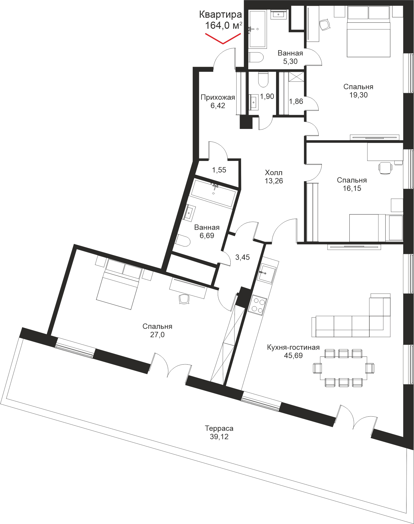 План квартиры №110 с 5 спальнями на 9 этаже 1 корпуса ЖК NEVA HAUS