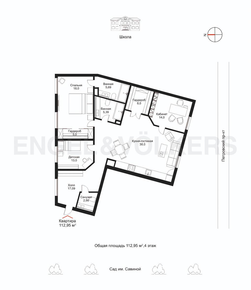 План квартиры №1040 с 2 спальнями на 4 этаже 2 корпуса ЖК NEVA HAUS
