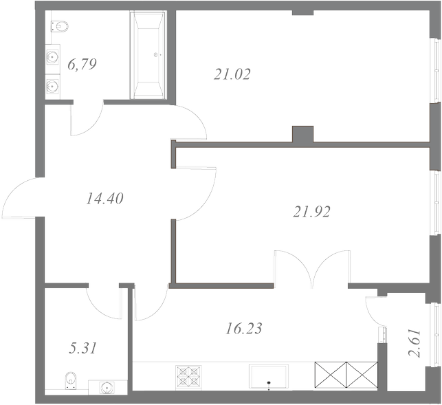 План квартиры №20 с 2 спальнями на 4 этаже 2 корпуса ЖК NEVA HAUS