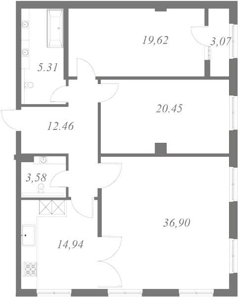 План квартиры №25 с 3 спальнями на 5 этаже 2 корпуса ЖК NEVA HAUS