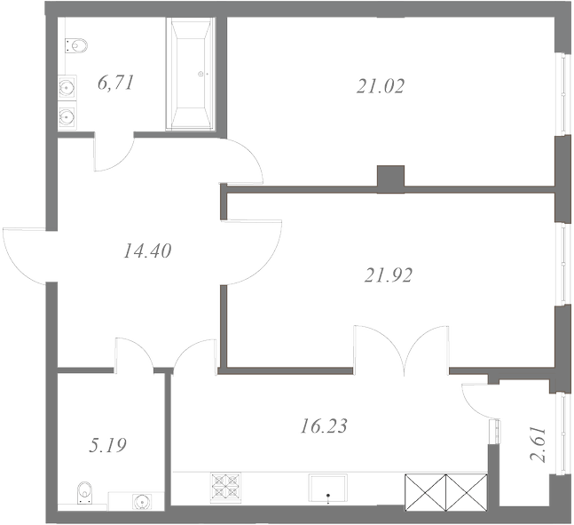 План квартиры №190 с 2 спальнями на 5 этаже 2 корпуса ЖК NEVA HAUS