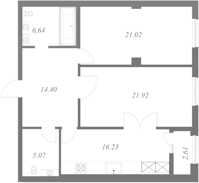 План квартиры №32 с 2 спальнями на 6 этаже 2 корпуса ЖК NEVA HAUS