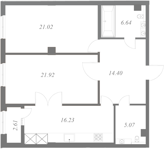 План квартиры №199 с 2 спальнями на 6 этаже 2 корпуса ЖК NEVA HAUS