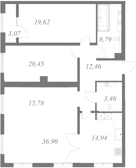 План квартиры №198 с 3 спальнями на 6 этаже 2 корпуса ЖК NEVA HAUS