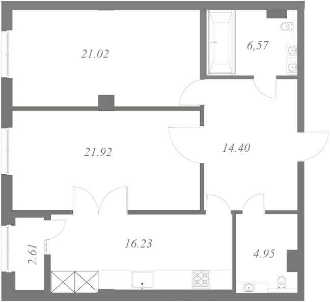 План квартиры №205 с 2 спальнями на 7 этаже 2 корпуса ЖК NEVA HAUS