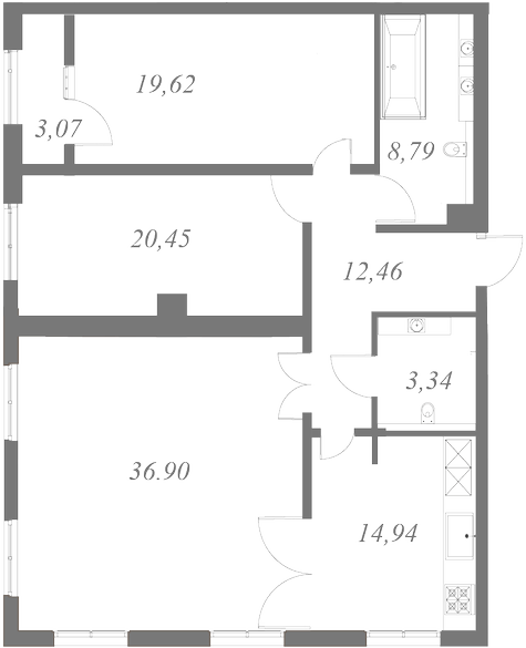 План квартиры №204 с 3 спальнями на 7 этаже 2 корпуса ЖК NEVA HAUS