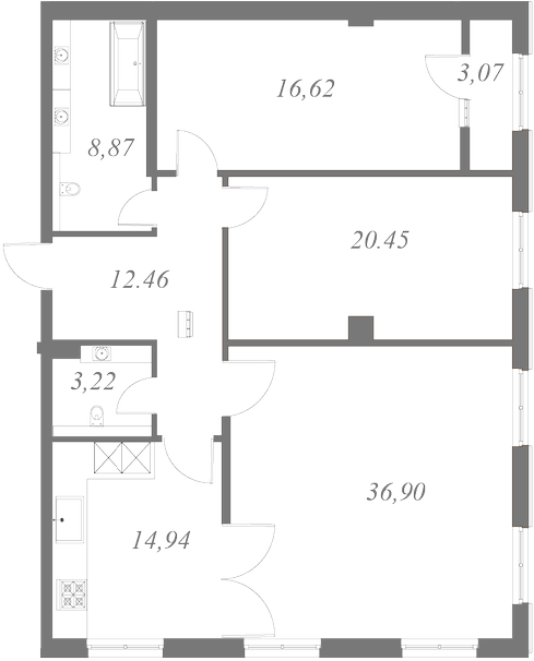План квартиры №43 с 3 спальнями на 8 этаже 2 корпуса ЖК NEVA HAUS