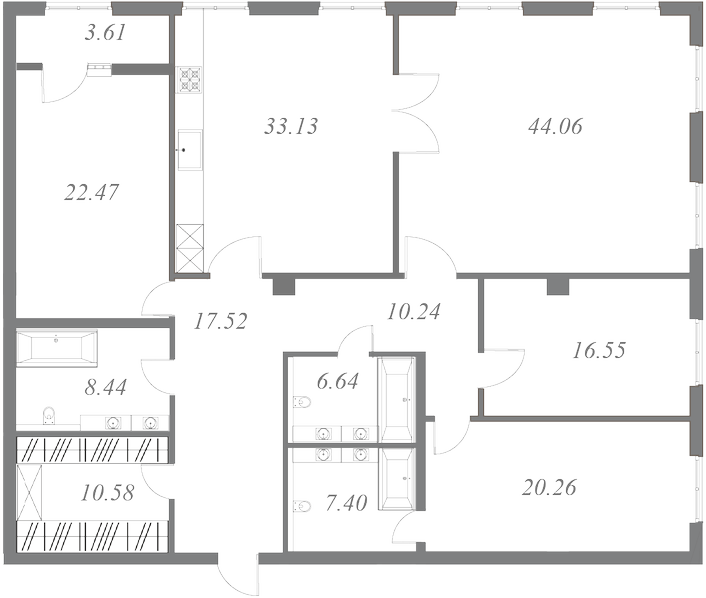 План квартиры №207 с 4 спальнями на 8 этаже 2 корпуса ЖК NEVA HAUS