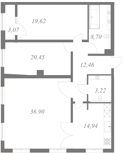 План квартиры №210 с 3 спальнями на 8 этаже 2 корпуса ЖК NEVA HAUS