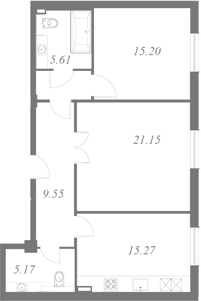 План квартиры №1 с 2 спальнями на 1 этаже 3 корпуса ЖК NEVA HAUS