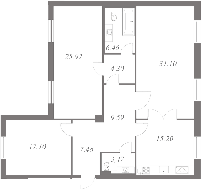 План квартиры №10 с 3 спальнями на 3 этаже 3 корпуса ЖК NEVA HAUS