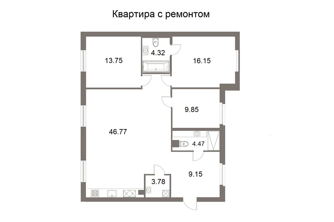 План квартиры №100 с 3 спальнями на 3 этаже 3 корпуса ЖК NEVA HAUS
