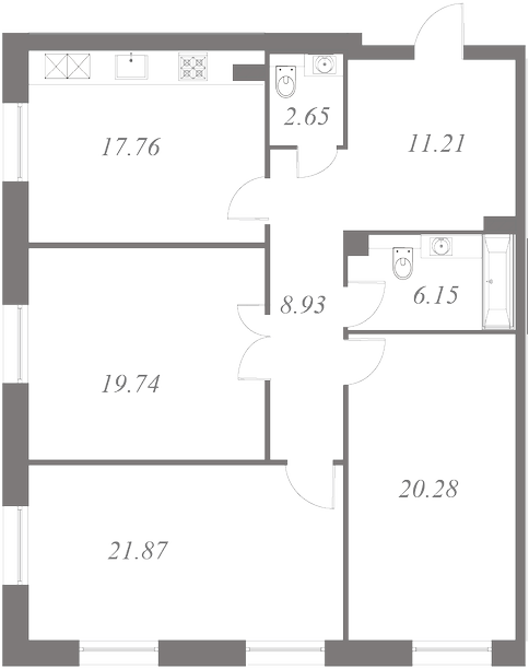 План квартиры №100 с 3 спальнями на 3 этаже 3 корпуса ЖК NEVA HAUS