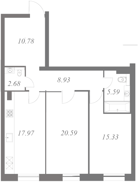 План квартиры №101 с 2 спальнями на 3 этаже 3 корпуса ЖК NEVA HAUS