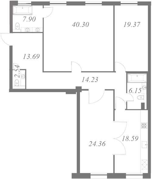 План квартиры №102 с 3 спальнями на 3 этаже 3 корпуса ЖК NEVA HAUS