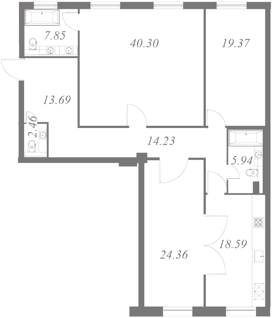 План квартиры №107 с 3 спальнями на 4 этаже 3 корпуса ЖК NEVA HAUS