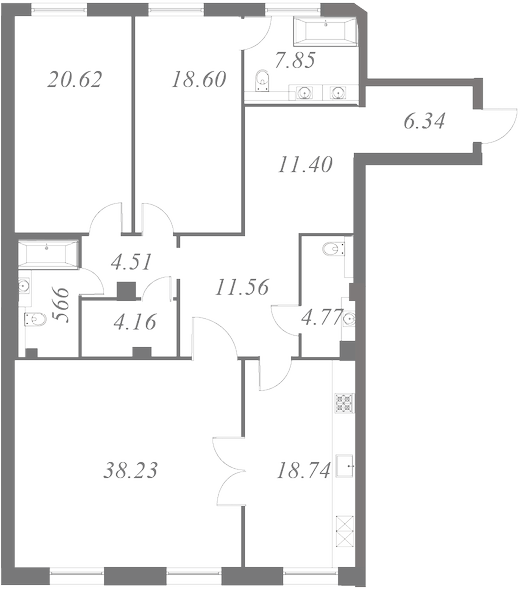 План квартиры №11 с 3 спальнями на 4 этаже 3 корпуса ЖК NEVA HAUS