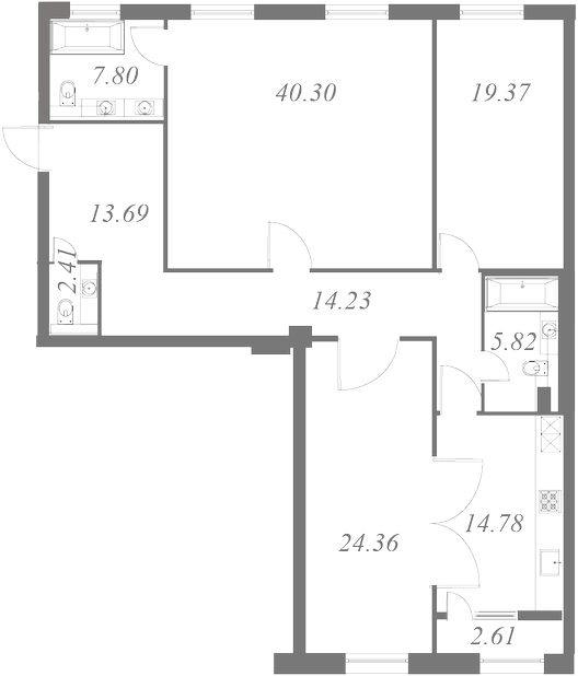 План квартиры №112 с 3 спальнями на 5 этаже 3 корпуса ЖК NEVA HAUS