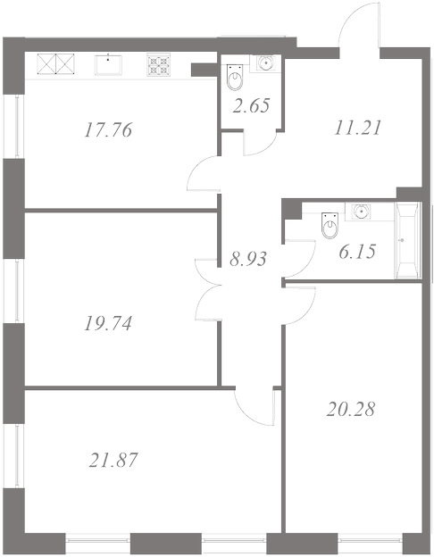 План квартиры №115 с 3 спальнями на 6 этаже 3 корпуса ЖК NEVA HAUS