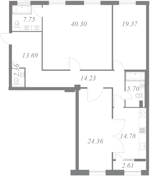 План квартиры №117 с 3 спальнями на 6 этаже 3 корпуса ЖК NEVA HAUS