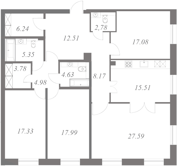 План квартиры №12 с 4 спальнями на 4 этаже 3 корпуса ЖК NEVA HAUS