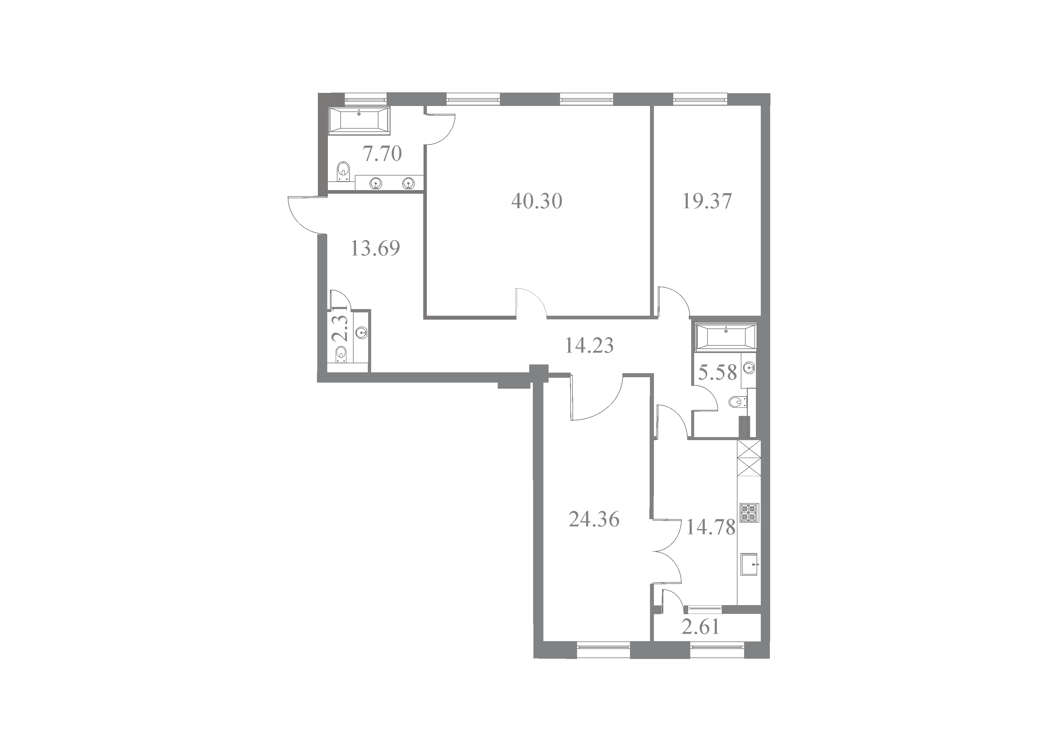План квартиры №122 с 3 спальнями на 7 этаже 3 корпуса ЖК NEVA HAUS