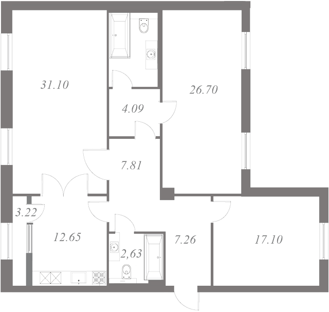 План квартиры №123 с 3 спальнями на 8 этаже 3 корпуса ЖК NEVA HAUS